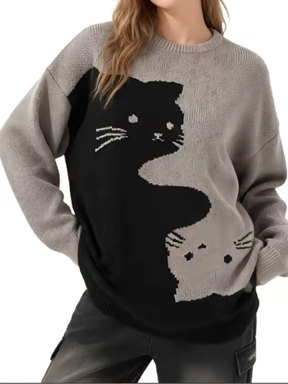 Oversized Cat Sweater in Black and Taupe